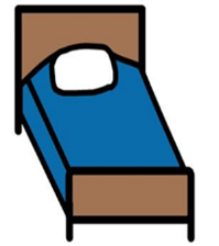 Illustration of a brown single bed frame with blue bedding and a white pillow