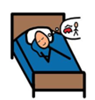 Cartoon-style illustration of a young person asleep in a single brown bed with blue bedding and a white pillow.