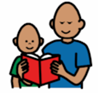 Cartoon style illustration of an adult in a blue top reading from a red book to a child in a green top