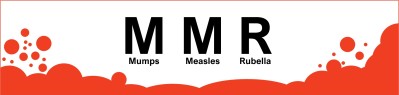 Banner shows red spots and a line around a white backdrop. The words read, M Mumps, M Measles, R Rubella