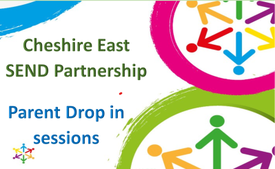 Colourful graphic images with text which reads: Cheshire East SEND Partnership parent drop-in sessions