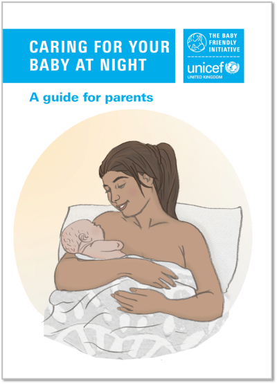 image of a mother in bed holding her baby in her arms with the title, caring for your baby at night